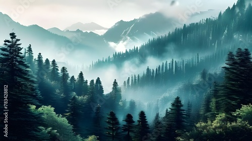 Vintage Misty Mountain Landscape: Fir Forest in Retro Style - Nostalgic Nature Scenery and Serene Wilderness