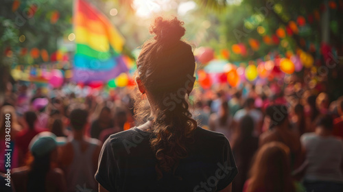 A back of a woman in a pride parade during pride month