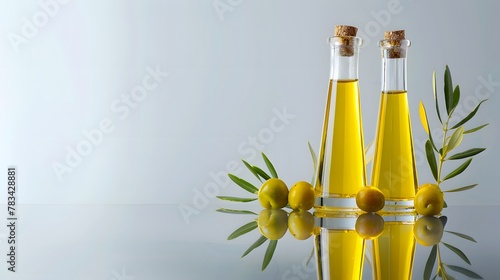 Olive oil and olives isolated on reflective white background 