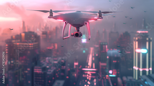 Drone hovering over a futuristic cityscape at dusk, with glowing urban lights. photo