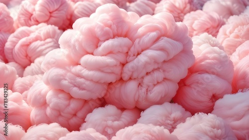 A delectable  fluffy and vibrant cotton candy. The swirling mass of soft  sugary fibers is in a mesmerizing shade of pink  with delicate strands extending outward. Evokes a sense of nostalgia 