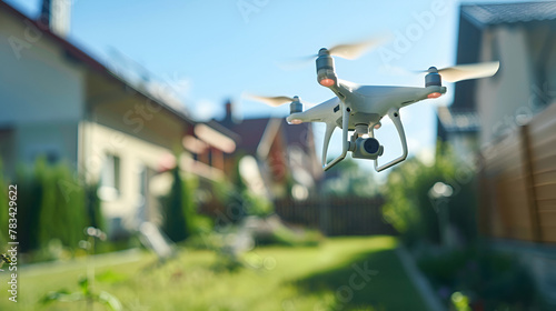 High-tech Drone hovering in suburban backyard, leisure photography concept. photo