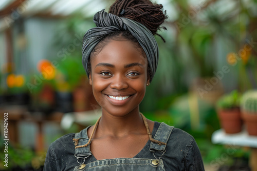 Radiant black woman entrepreneur at her garden center