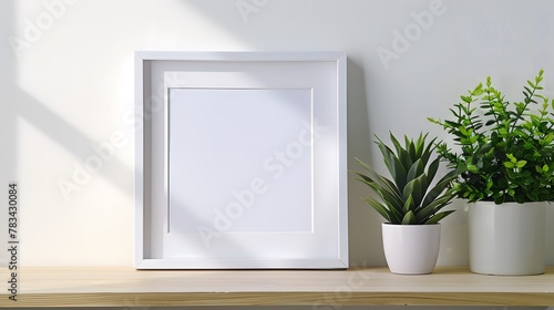 Closeup shot of desk  table or shelf with decorative plant and empty blank foursquare picture frame with white copy space for your photograph or advertising content. Photography  design and decoration