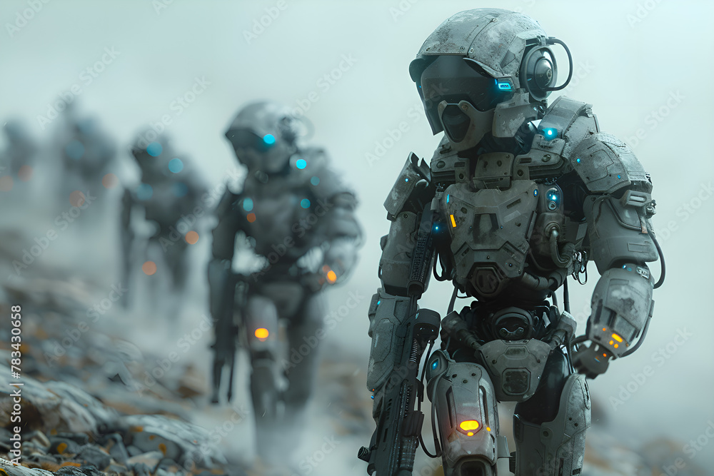 A group of humanoid robots trek across a rocky terrain enveloped in a misty atmosphere, curiosity or alertness. Geared for combat or exploration. Gen AI A group of humanoid robots trek across a rocky terrain enveloped in a misty atmosphere, curiosity or alertness. Geared for combat or exploration. Gen AI