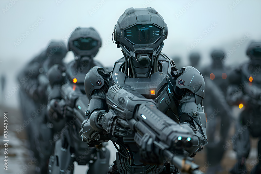 A group of futuristic robots, android soldiers, in a cohesive unit with a focus on the one in the forefront. Dark, graphite-colored armor. Gen AI - obrazy, fototapety, plakaty 
