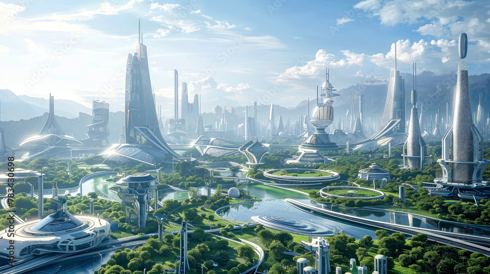 Future cityscape background. Beautiful futuristic eco-friendly city with white buildings and greenery. AI generated illustration.