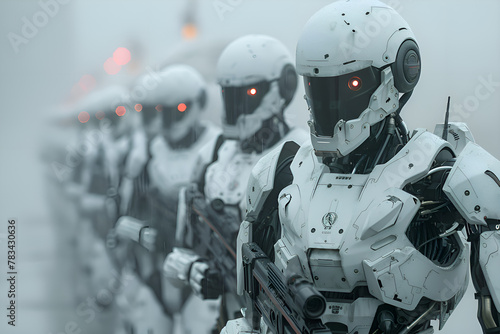 Humanoid robots standing in a line, highly detailed robots, white armor with black and orange details, AI robots, robot army, futuristic warfare, dystopian future. Gen AI photo