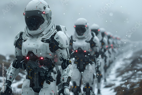 A formation of futuristic robotic soldiers marching through what appears to be a desolate, rocky landscape, cold and hostile environment. Gen AI