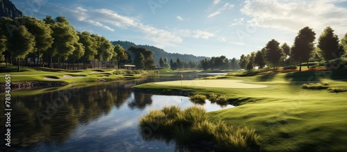 Panoramic view of the golf course with neat green grass and beautiful natural scenery. © meta