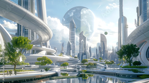 Eco-city of the future concept. Neo-futurism in architecture. Cityscape background. AI generated illustration.