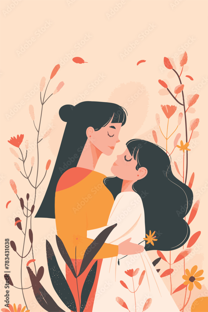 vector illustration mother with her kid flowers background