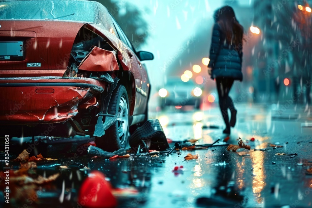 Stressed woman driver walks away in the rain with the back of her car ...