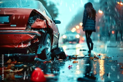 Stressed woman driver walks away in the rain with the back of her car severely damaged after an accident. Accident concept. Road safety and insurance concept photo