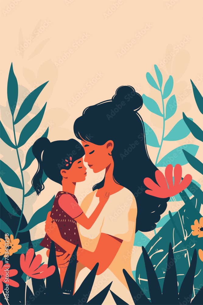 vector illustration mother with her kid flowers background vector illustration mother with her kid flowers background