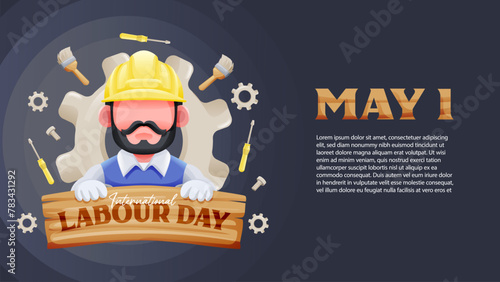 International Labour Day Banner With Worker Holding Wooden Sign and Tools Illustration