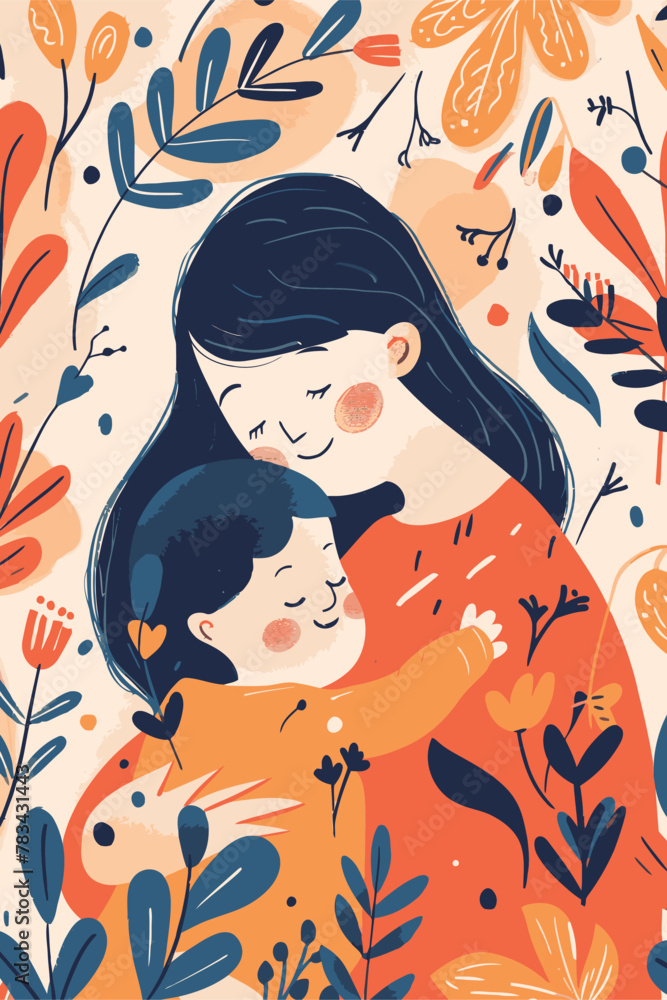 vector illustration mother with her kid flowers background vector illustration mother with her kid flowers background