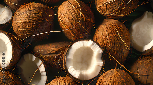 background of lots of coconuts halved and whole shells