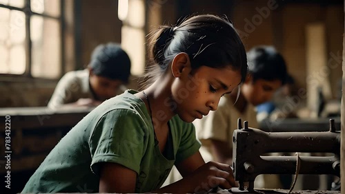 Exploited children in illegal sweatshop sewing workshop video animation