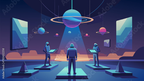 A cosmic network of floating screens and ethereal beams showcasing a complex system of quantum messaging being utilized by advanced alien races