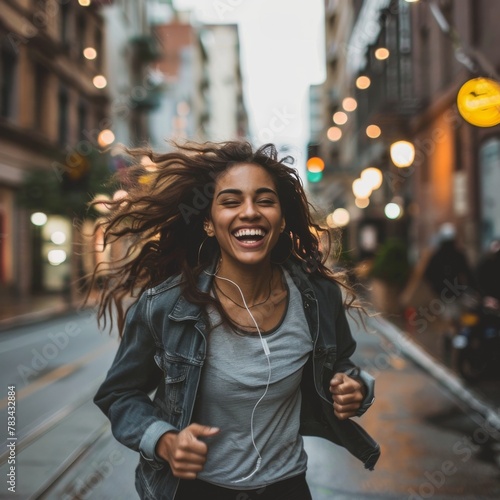 Joyful young woman running on city street with headphones