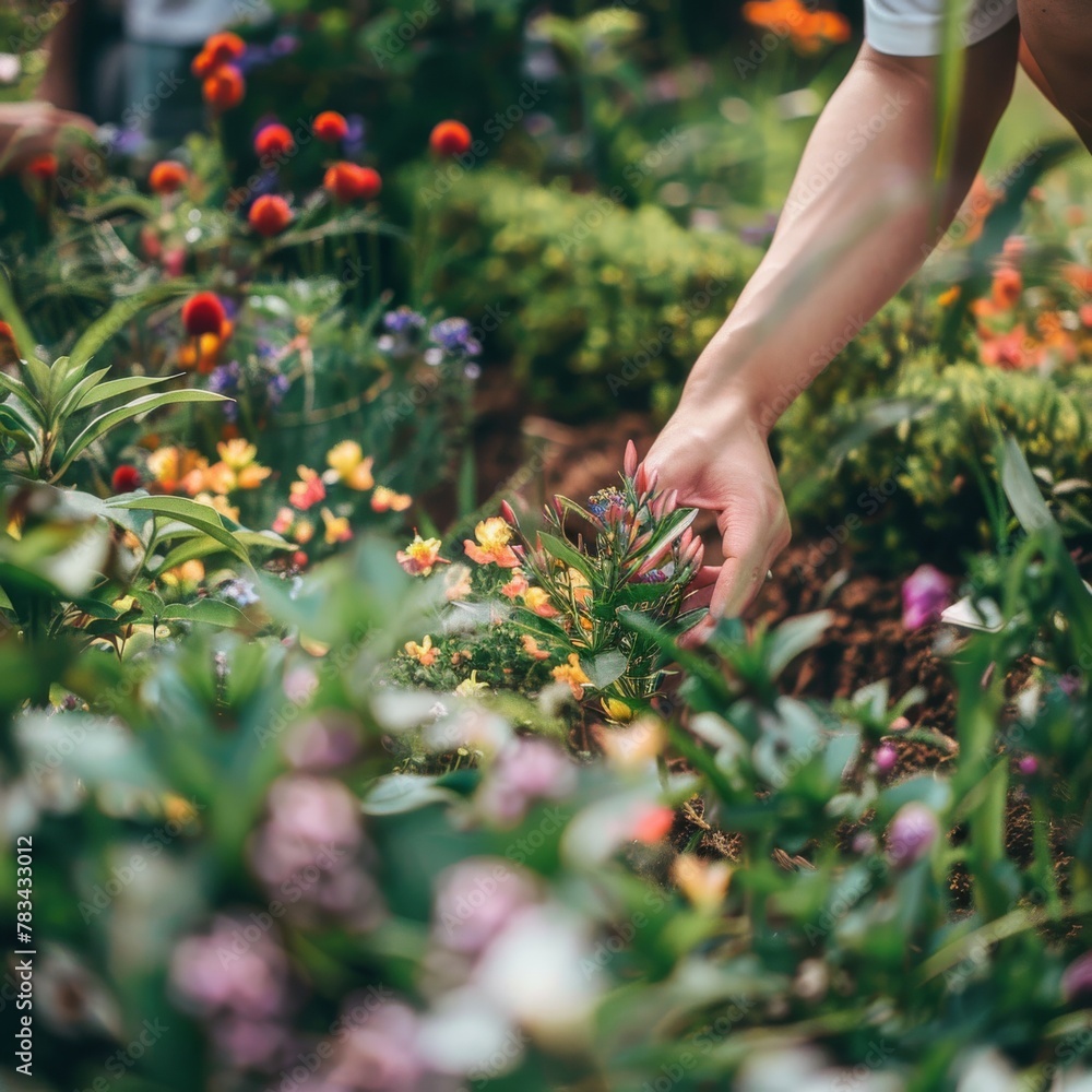 Close-up of a hand gently touching a plant at a vibrant garden center or nursery Close-up of a hand gently touching a plant at a vibrant garden center or nursery
