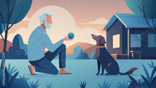 In a cozy backyard a silverhaired man and his canine pal spend a blissful Sunday afternoon playing fetch the mans face lighting up with delight