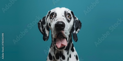 Close-up of a Dalmatian dog against a blue background suitable for pet industry © Stockules