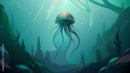 In the depths of the ocean on planet Aquarion a massive jellyfishlike creature drifts silently camouflaged a the seaweed. Its long thin photo