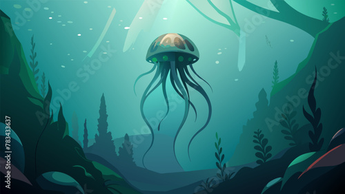 In the depths of the ocean on planet Aquarion a massive jellyfishlike creature drifts silently camouflaged a the seaweed. Its long thin