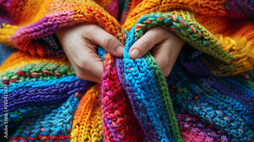 A pair of hands knitting a rainbow scarf as a symbol of solidarity and warmth, pride month theme