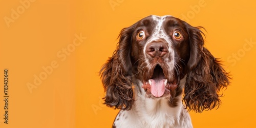 Portrait of an excited English Springer Spaniel against orange background suitable for pet care and animal themes