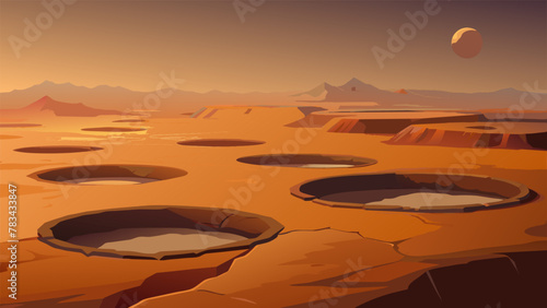 Craters of various sizes are tered across the landscape evidence of the planets violent past. The rustcolored ground is cracked and barren