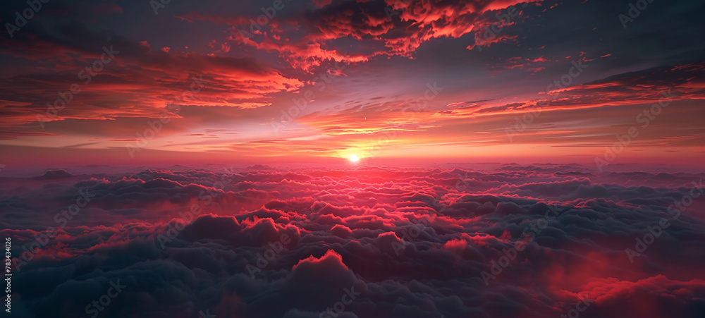 Highly dramatic sunrise scenery from above the fog, AI Generative.