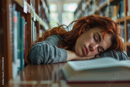 Red-haired woman sleeping on a book in a library.