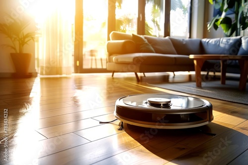 Robotic vacuum cleaner cleaning a wooden floor in the living room in sunlight. Smart cleaning technology. Robot vacuum cleaner in the modern home photo