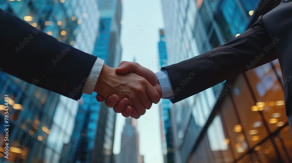 Handshake of two businessmen close-up against the background of panoramic office windows. AI generative. Handshake of two businessmen close-up against the background of panoramic office windows. AI generative.