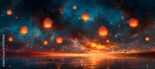 A vibrant tapestry of lanterns dancing in the night sky, painting the darkness with their luminous hues