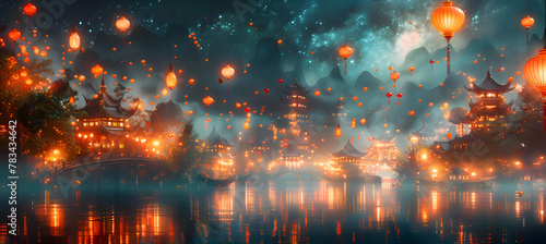 A vibrant tapestry of lanterns dancing in the night sky  painting the darkness with their luminous hues