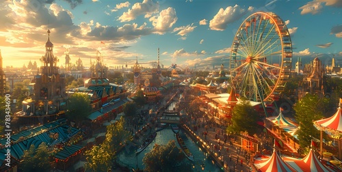A wide-angle shot capturing the vibrant Oktoberfest grounds, with colorful beer tents and ferris wheels against the blue sky, bathed in warm tones and soft lighting