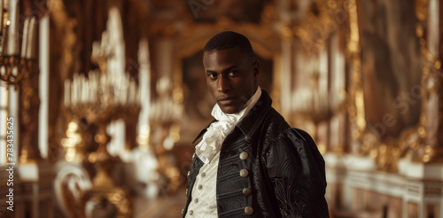A handsome black man in a crisp white shirt and tailored black coat stands amidst the opulent decoration of a Renaissance palace his posture proud and refined. The intricate patterns .