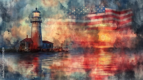 Patriotic Lighthouse with American Flag at Sunset