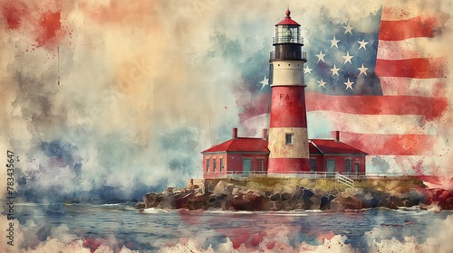 Patriotic Lighthouse with American Flag Watercolor Painting photo