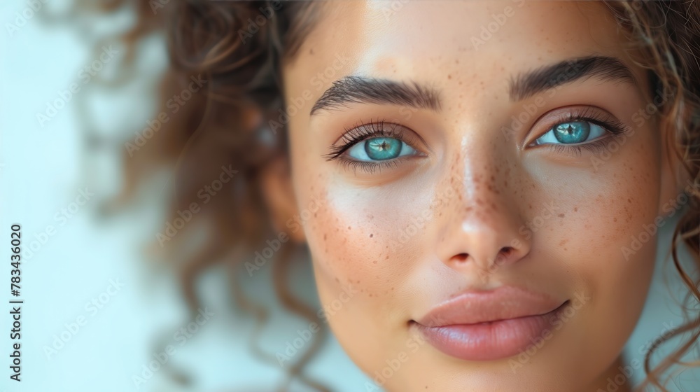 Naklejka premium Portrait of a Woman with Blue Eyes and Freckles