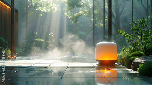 An immersive shot of a high-tech aromatherapy machine surrounded by soft, diffused light, creating an oasis of calm and relaxation photo