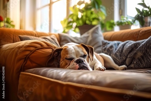 Happy dog resting on the sofa at home, love, and care in action