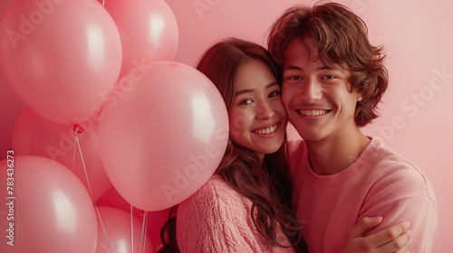 Couple Celebrating with Pink Balloons on a Joyful Occasion