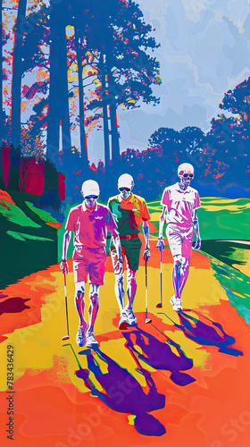 a risograph filter print of a group of skeletons at a national golf course walking down the fairway in golf clothing, illustration made with Generative Ai