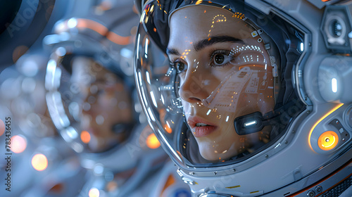 Astronauts clad in sleek, futuristic spacesuits performing final equipment checks inside the capsule, their faces obscured by reflective visors as they photo