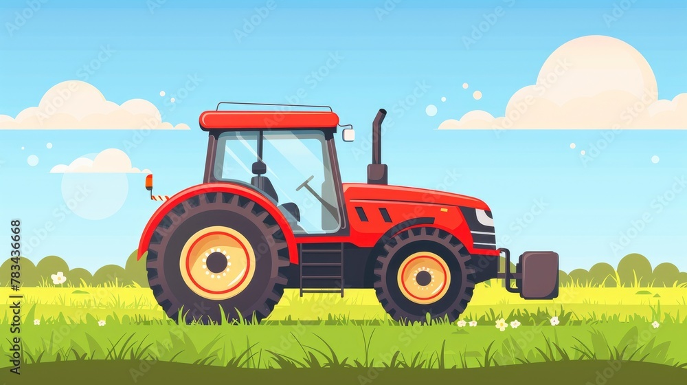 A red tractor on the field, simple flat illustration style, flat design, simple background with clouds and grass A red tractor on the field, simple flat illustration style, flat design, simple background with clouds and grass